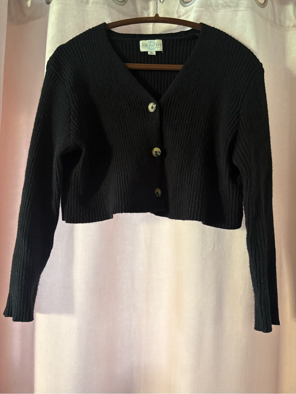Black Ribbed Cropped V-Neck Button Cardigan Sweater